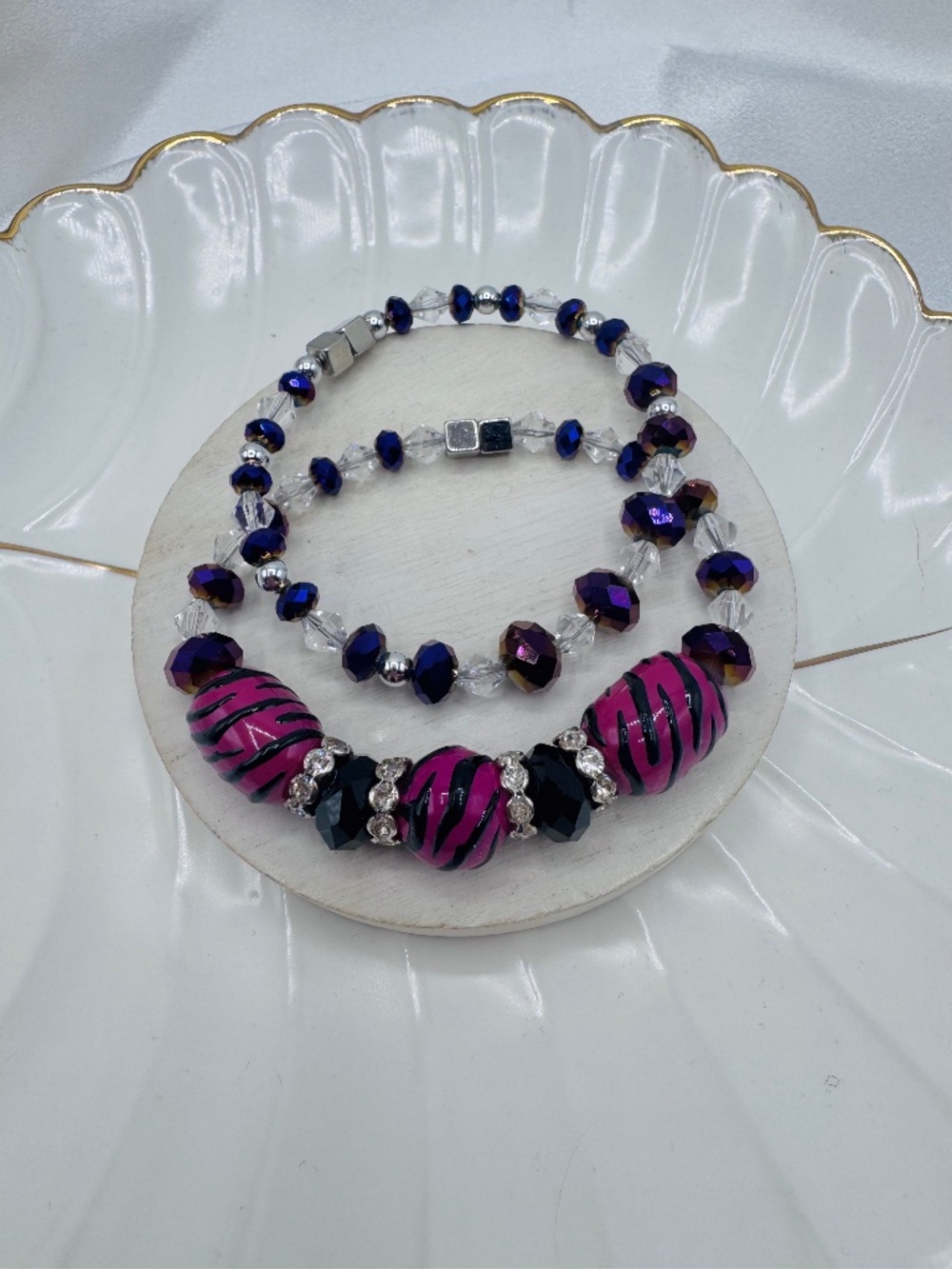 Pink Purple Zebra Print Beaded Bracelet Set Glam Sparkly Jewelry